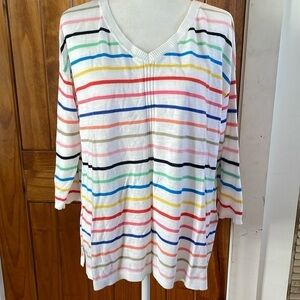 Talbots Petites Rainbow Striped V Neck 3/4 Sleeve Ribbed Pullover Sweater XLP